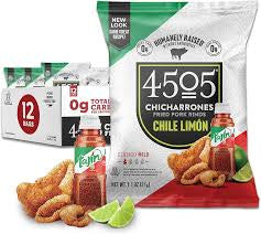 4505 Tajin Seasoned Chicharrones, Fried Pork Rinds - Chile Limon Mild Flavored Pork Skins - Low Carb, Gluten-Free, Protein Snack - 1.1oz