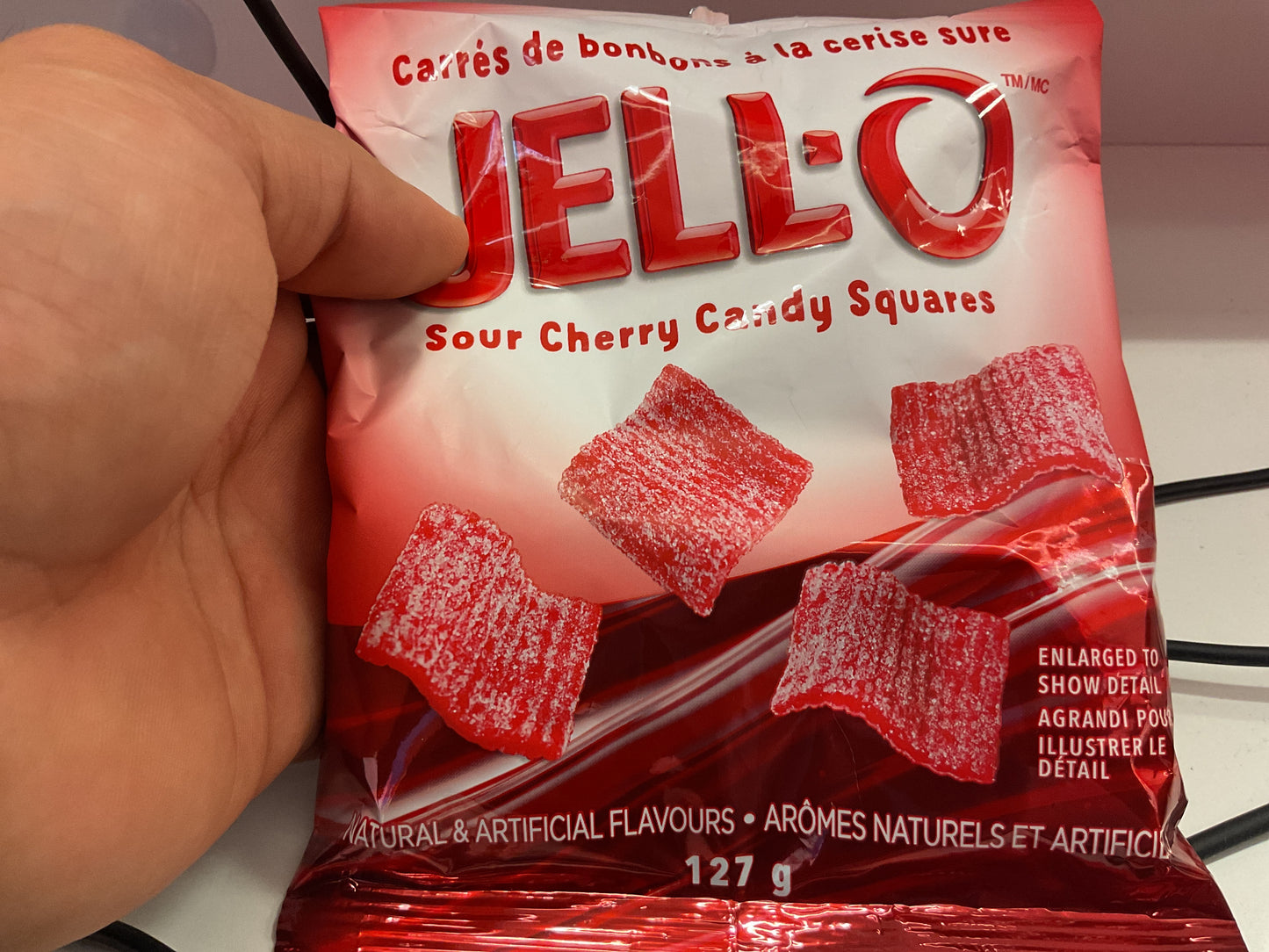 Jello sour cherry candy squares